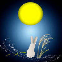 秋のイラスト 十五夜 お月見 お月様とウサギ ウサギの餅つき フリー素材 無料イラスト